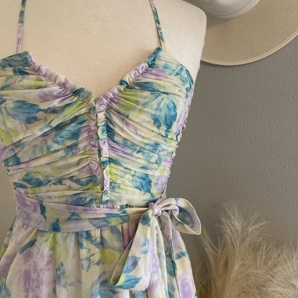 ❤️ Lulus Effortlessly Abloom Green Multi Floral Ruched Halter Midi Dress - Picture 12 of 16